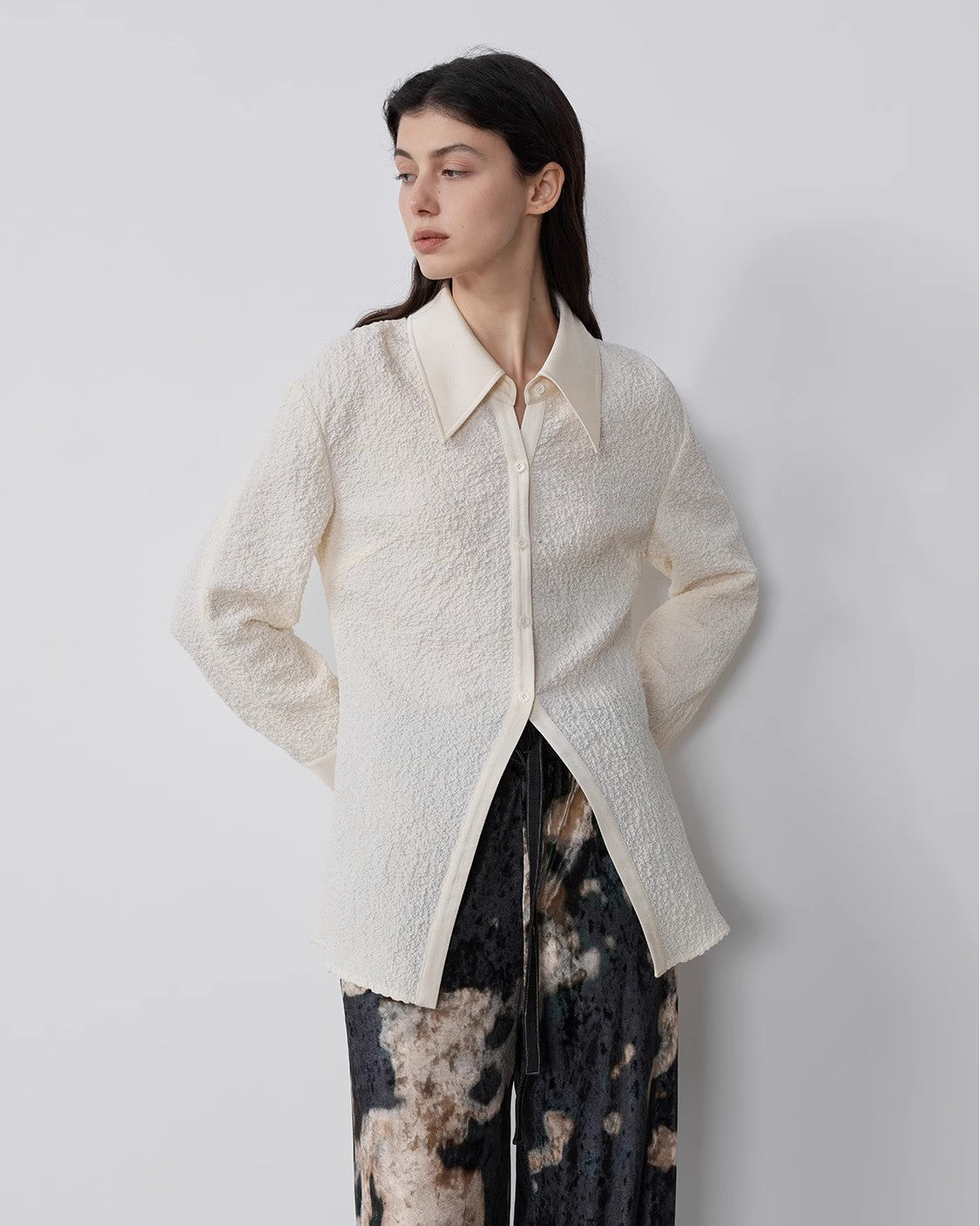 "Art Bubble" Retro Embossed Bubble Cotton Satin Stitching Long-Sleeved Shirt
