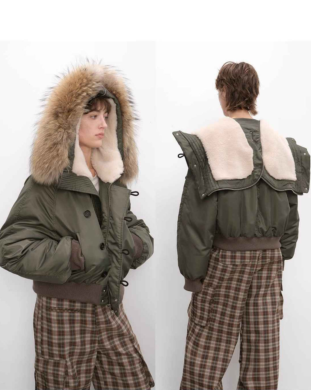 Fireladyfur Warm Short Jacket with a Large Fur Hood and Raccoon Fur 'Cool and Sharp'