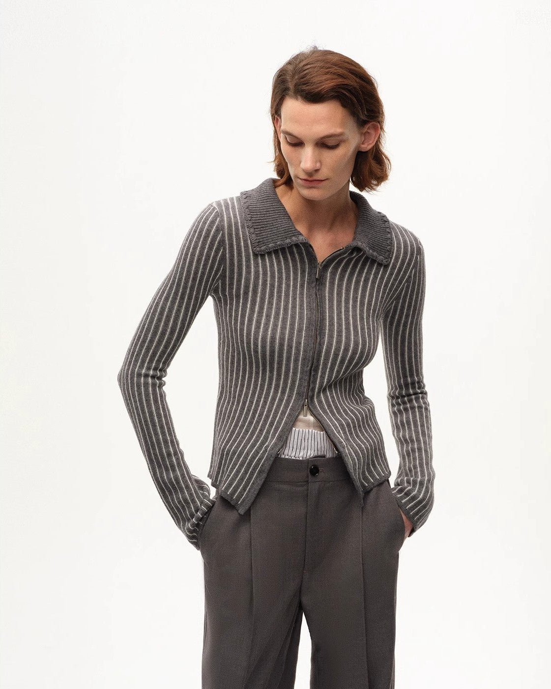 FF×JW Joint Striped Fabric Slim-Fitting Crocheted Lapel Wool Knitted Cardigan