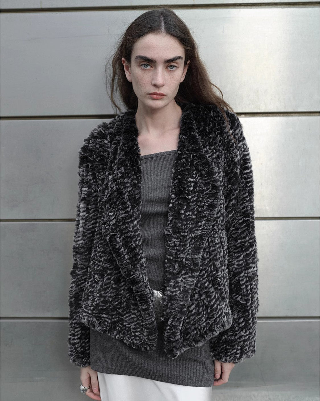 ‘Inspiration Glimpse’ Lapel Double-Breasted Loose Woven Rex Rabbit Fur Coat