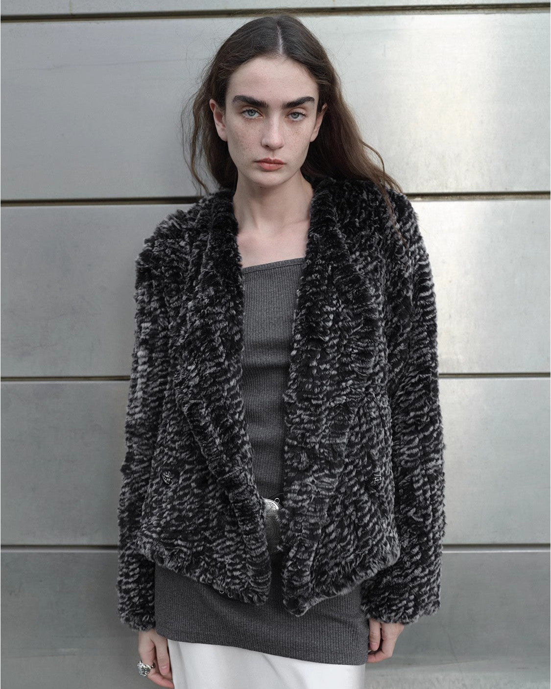 ‘Inspiration Glimpse’ Lapel Double-Breasted Loose Woven Rex Rabbit Fur Coat