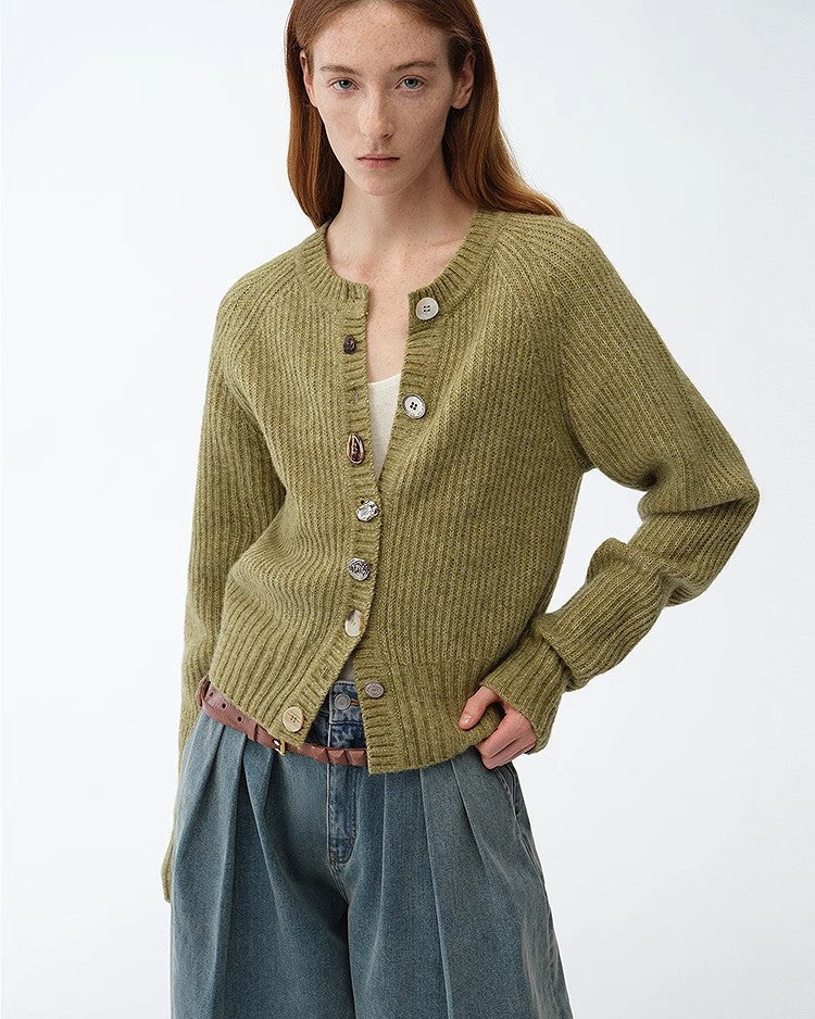 ‘Hokkaido Weaving Love’ Wool Blend Crew Neck Cardigan Top