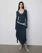 'Dreamy Ball' Lightweight and Breathable 100% Wool U-Neck Irregular Hem Dress