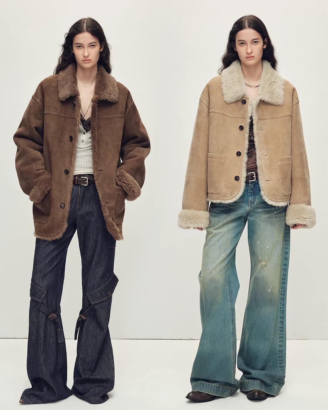 Firelady Fur Contrast Collar Shearling Coat with Shaved Leather Trim & Merino Shearling