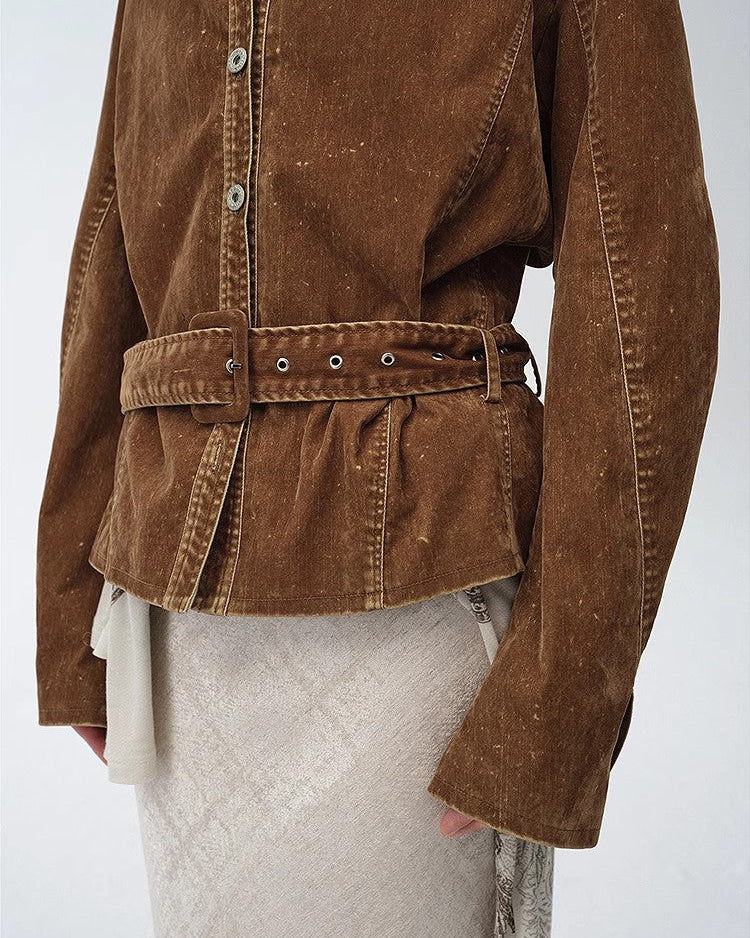 ‘Haruno Dream’ Retro Distressed Flocked Low Waist Long Sleeve Shirt Jacket