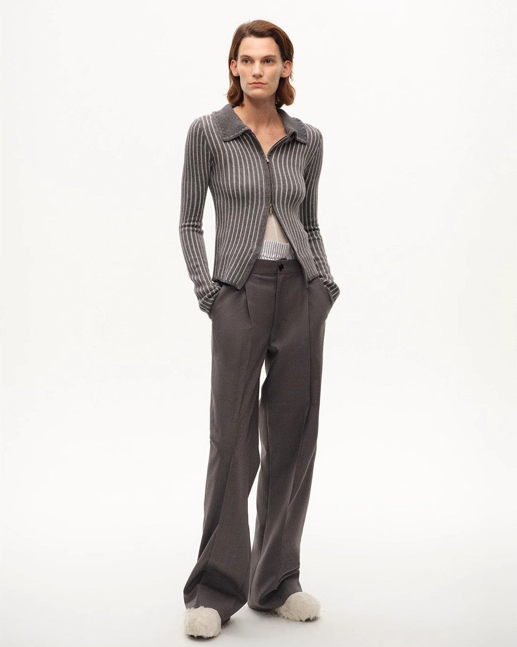 FF×JW Joint Striped Fabric Slim-Fitting Crocheted Lapel Wool Knitted Cardigan
