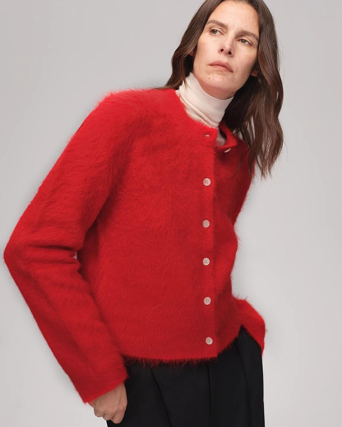 Albaca Alpaca Brushed Round Neck Straight Cardigan