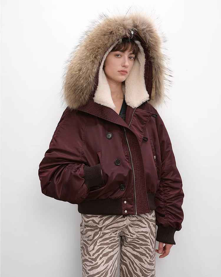 Fireladyfur Warm Short Jacket with a Large Fur Hood and Raccoon Fur 'Cool and Sharp'