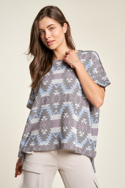 High-Low Geometric Round Neck Knit Top