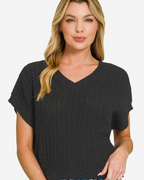 Zenana Textured Knit V-Neck Cropped Sweater