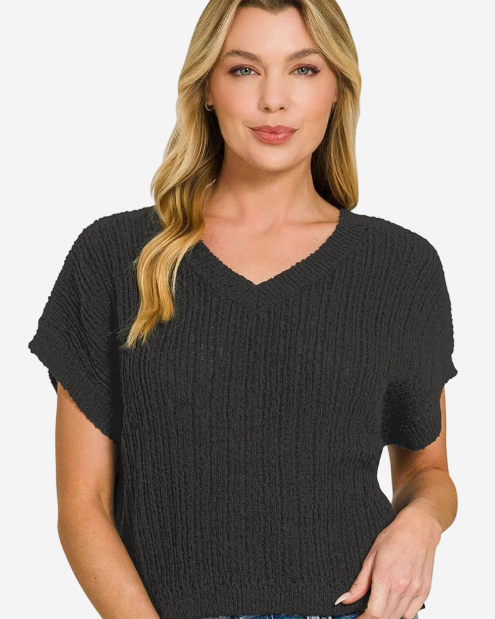 Zenana Textured Knit V-Neck Cropped Sweater