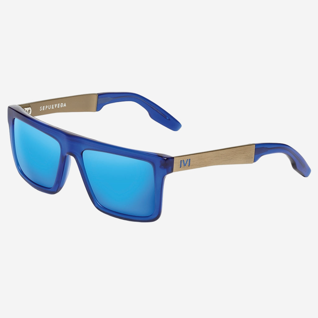 Sepulveda Sunglasses in Matte Midway Blue and Antique Brass | Pacific Blue Flash Lens