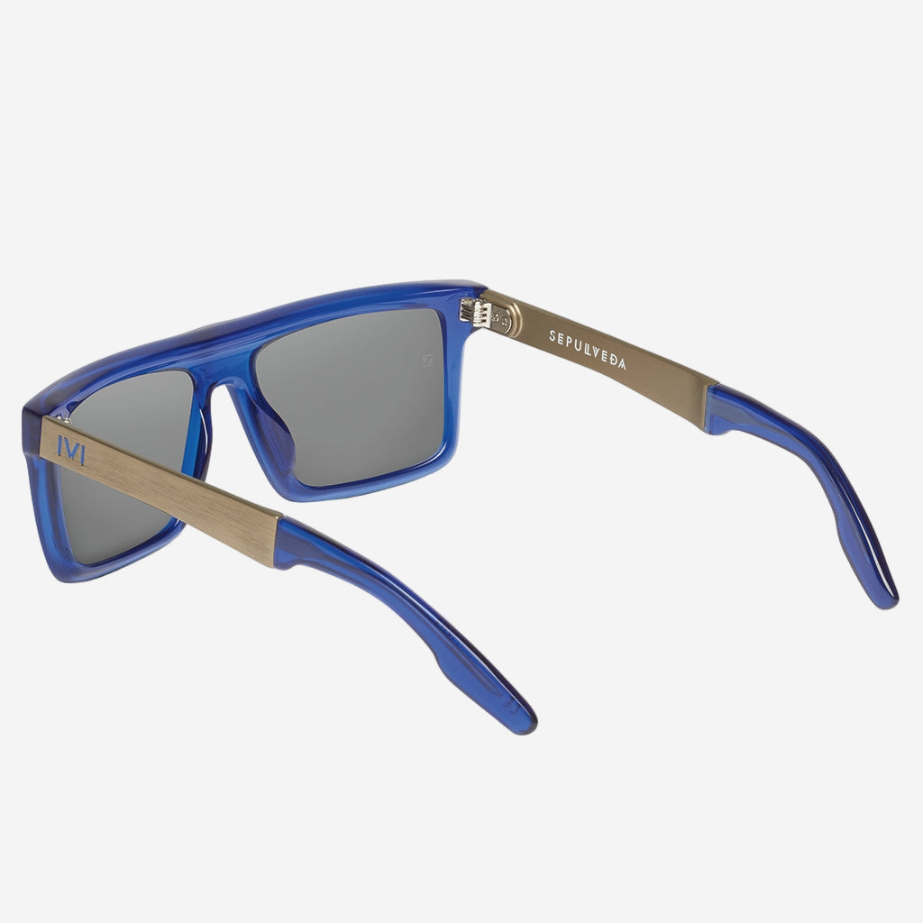 Sepulveda Sunglasses in Matte Midway Blue and Antique Brass | Pacific Blue Flash Lens