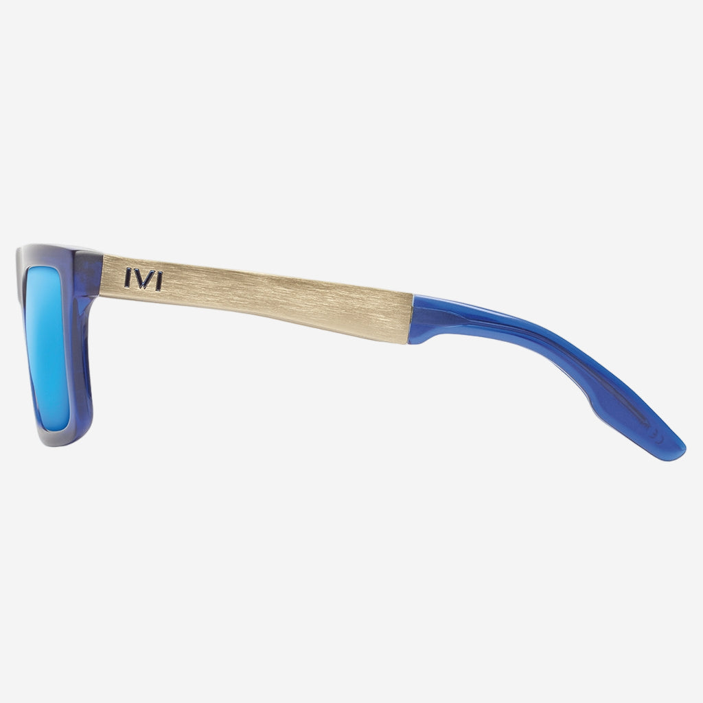 Sepulveda Sunglasses in Matte Midway Blue and Antique Brass | Pacific Blue Flash Lens