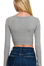 Ribbed Crop Top with V-Neck and Long Sleeve