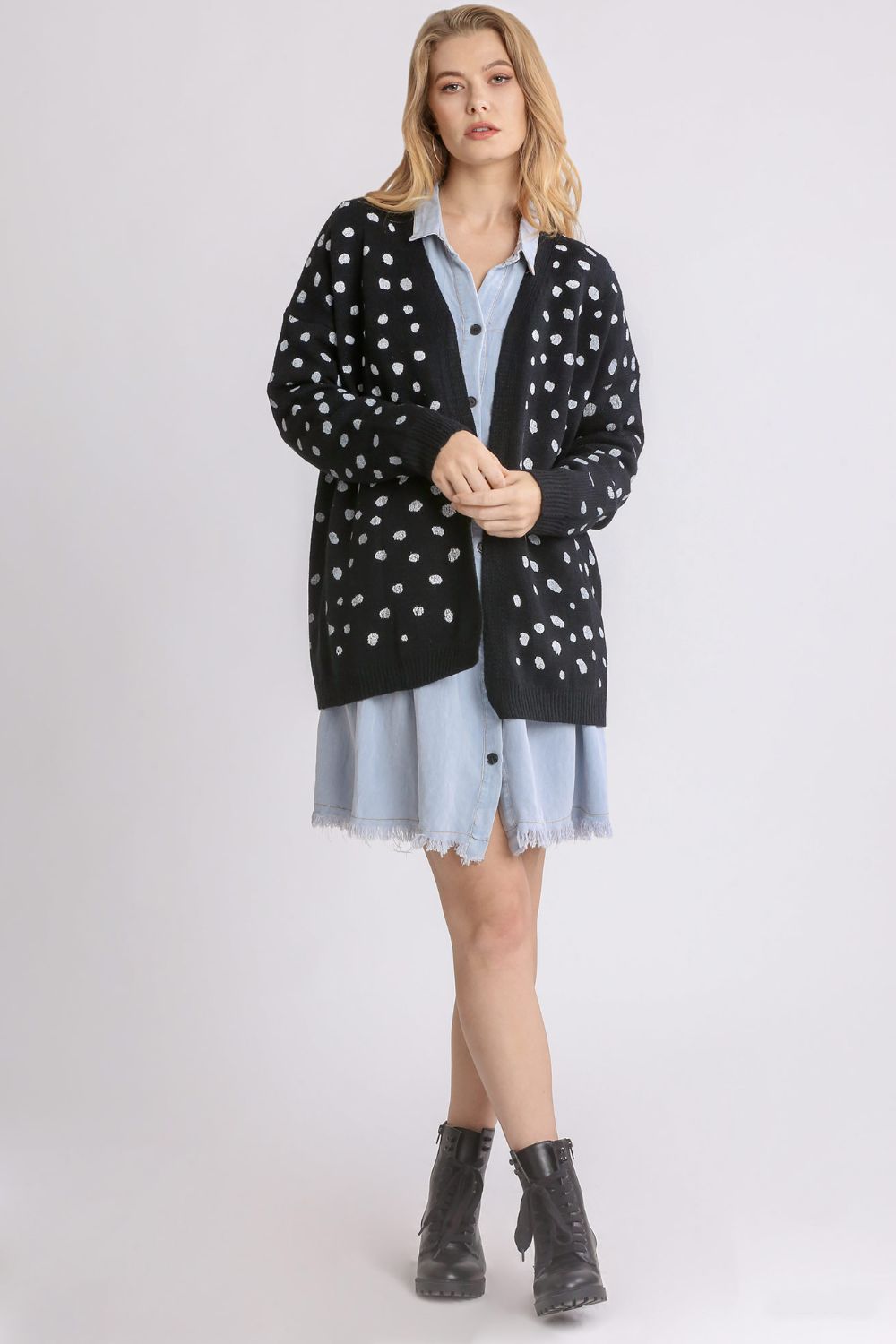 Polka Dot Open Front Drop Shoulder Cardigan