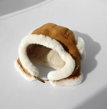 Merino Wool Warm Earmuffs Genuine Leather Aviator Hat