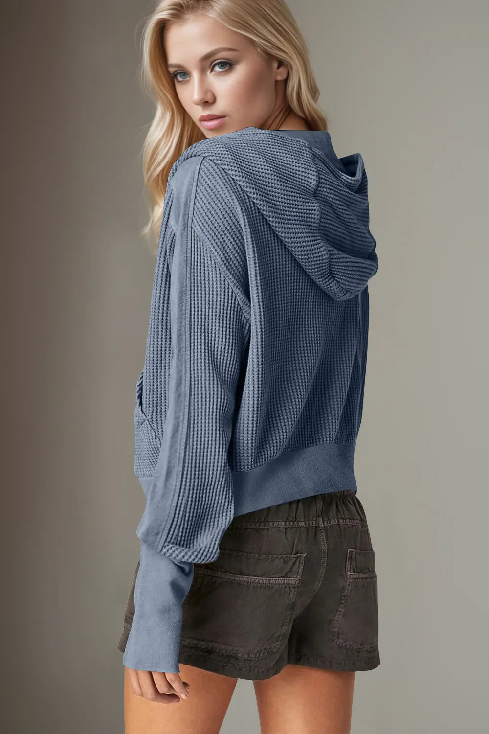 Double Take Waffle-Knit Zip-Up Hooded Jacket