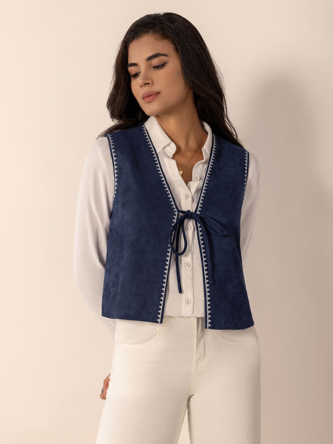 Navy Blue Tied Contrast Trim Vest