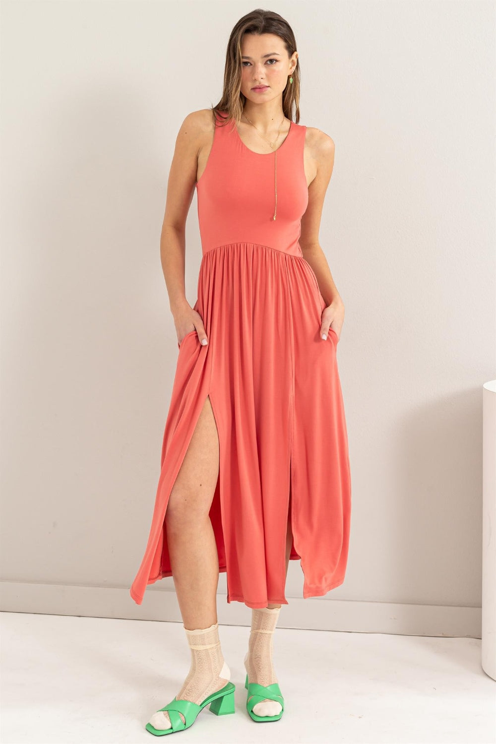 Sleeveless Slit Midi Dress Coral