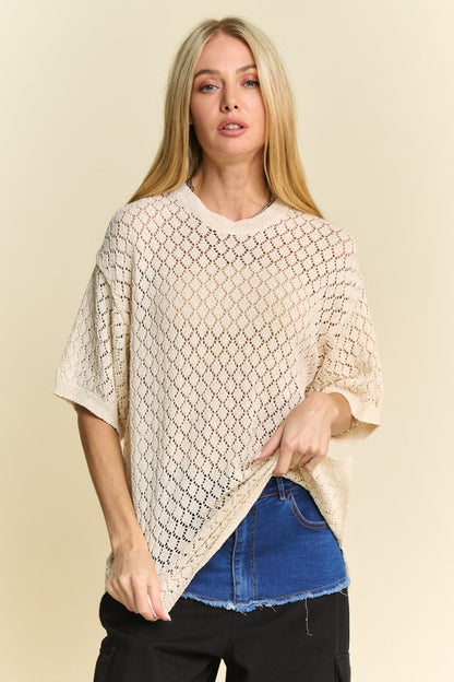 Side Slit Openwork Half Sleeve Knit Cover Up