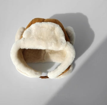 Merino Wool Warm Earmuffs Genuine Leather Aviator Hat