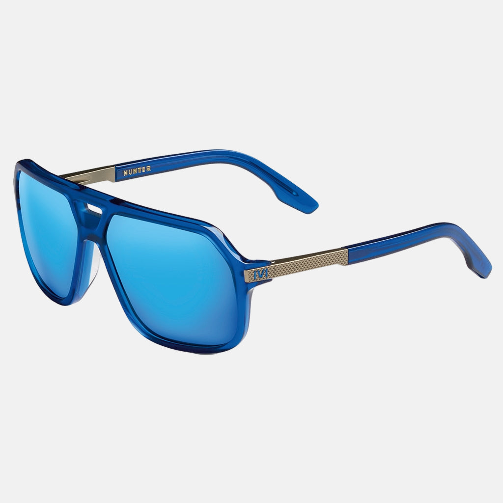 Hunter Sunglasses Matte Midway Blue Antique Brass | Pacific Blue Flash Lens