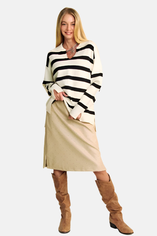 High-Low Side Slit Striped Johnny Collar Sweater