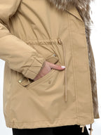 Genuine Silver Fur Trim Parka with Rabbit Fur Insulation Khaki