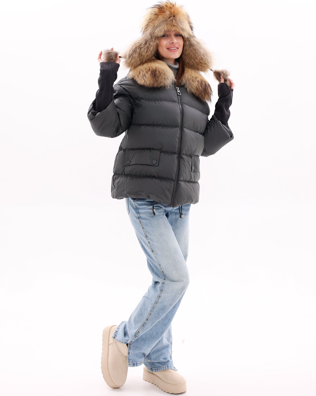 Genuine Fur Trim Down Fill Coat in Black