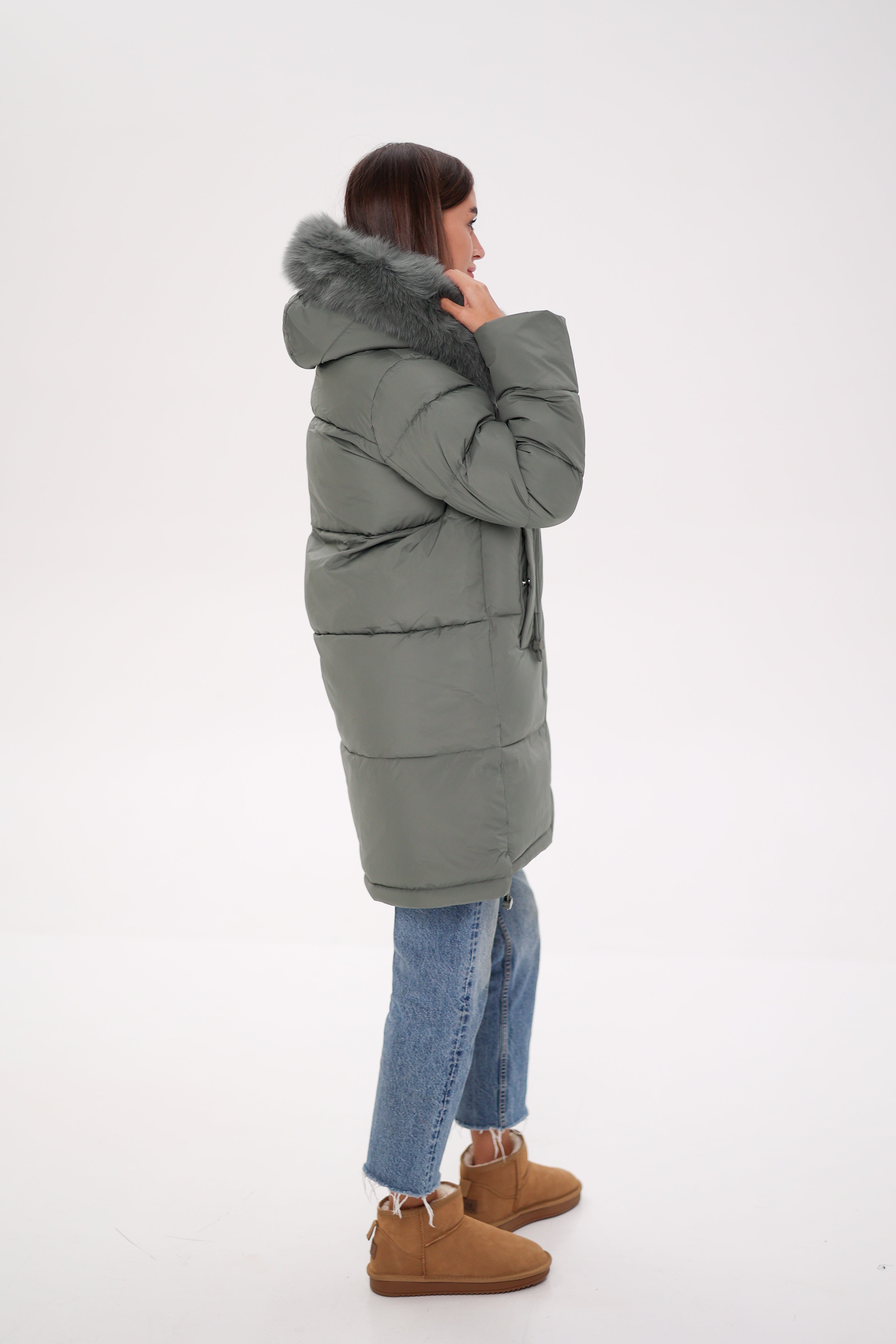 Genuine Polar Fox Trim Bio Down Coat | Sage