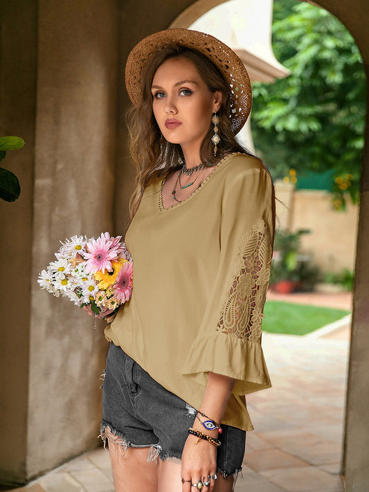 Lace Detail V-Neck Flounce Sleeve Blouse