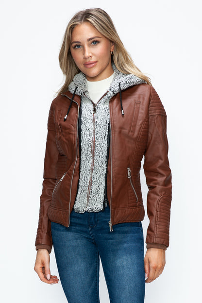 Faux Layered Double-Zipper Jacket with Fuzzy Hood Brown