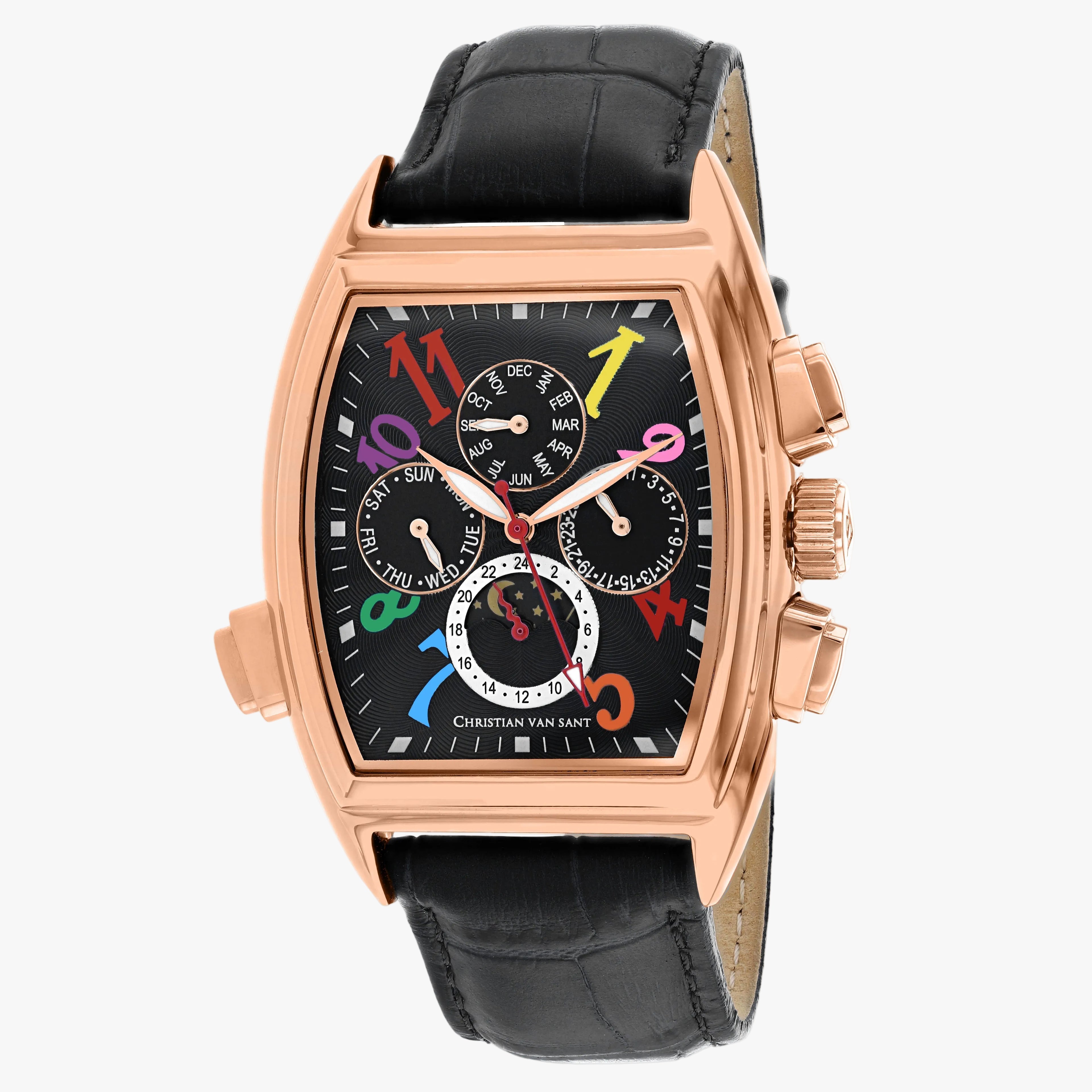 Christian Van Sant Men's Automatic Watch Grandeur | Yellow SS + Black Dial + Leather Strap