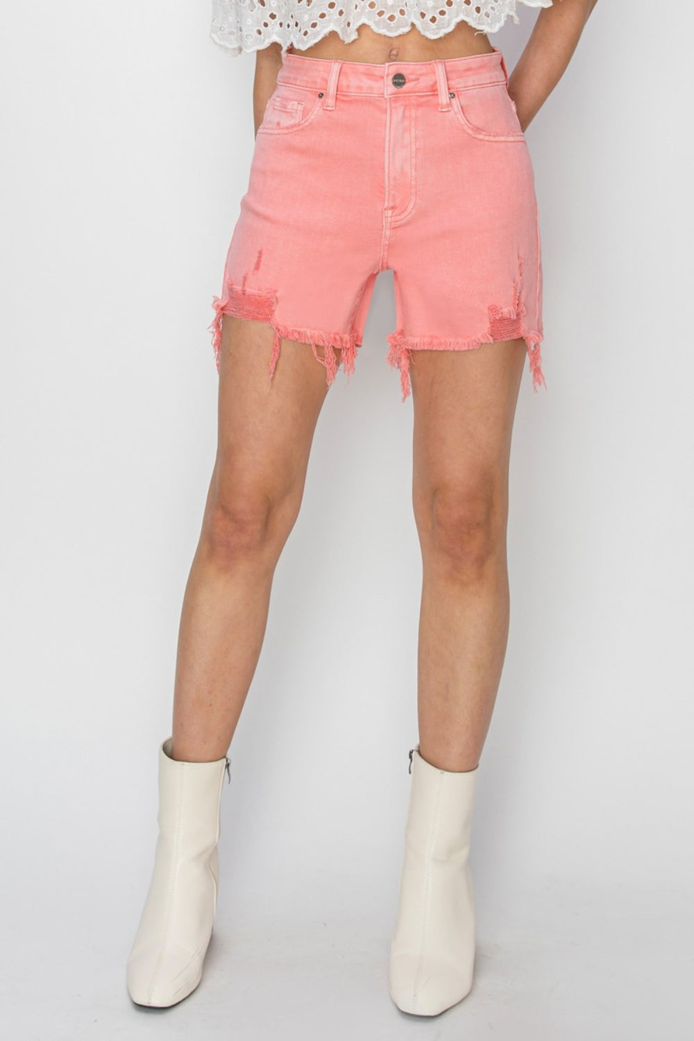 Risen Raw Hem High Rise Distressed Denim Shorts