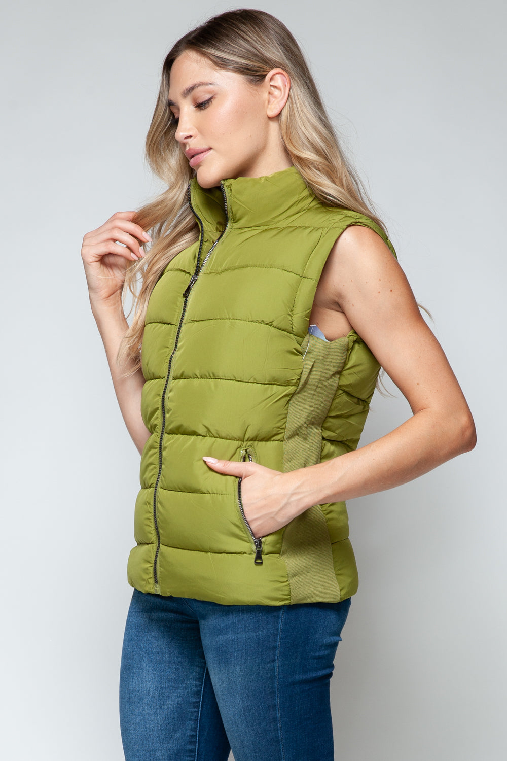 Zip-Up Turtleneck Vest with Pockets Olive