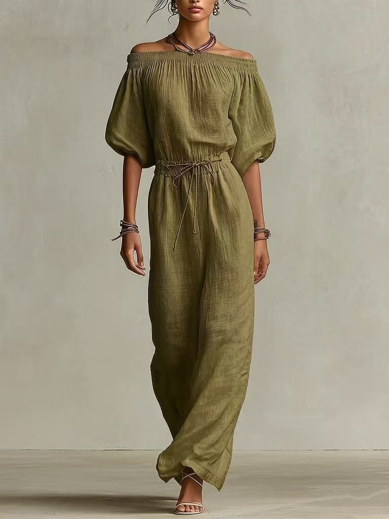 Women's Linen Pants Suit | Solid Color Lantern Sleeve Set