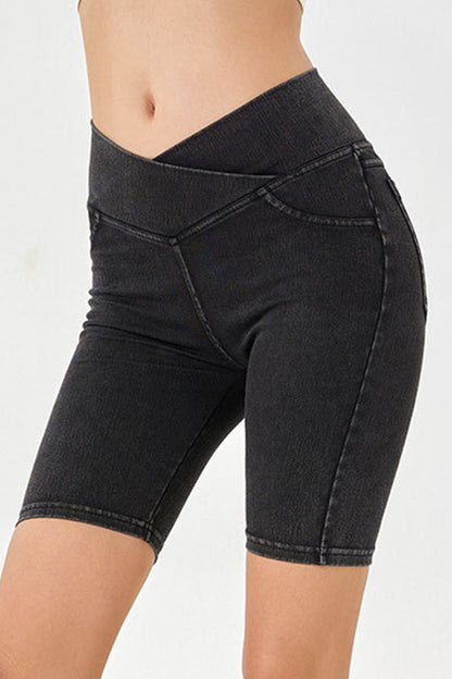 Asymmetrical Waist Denim Shorts with Pockets