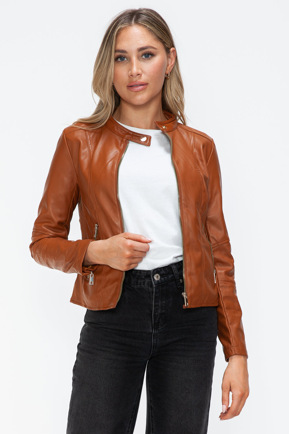 Camel Leather Zip-Up Drawstring Hooded Jacket