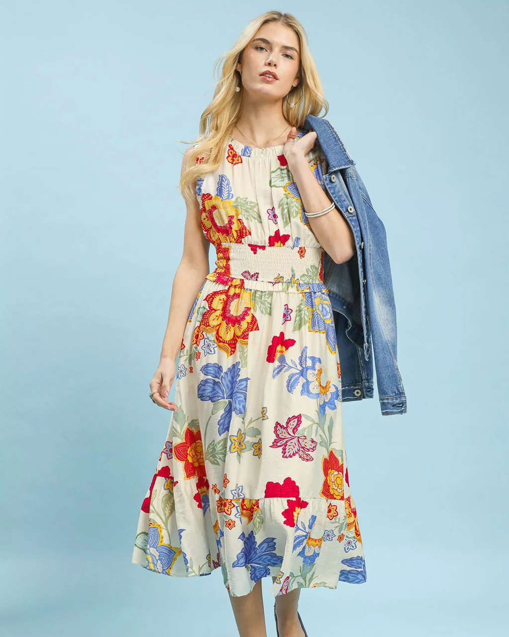 Umgee Floral Smocked Midi Dress