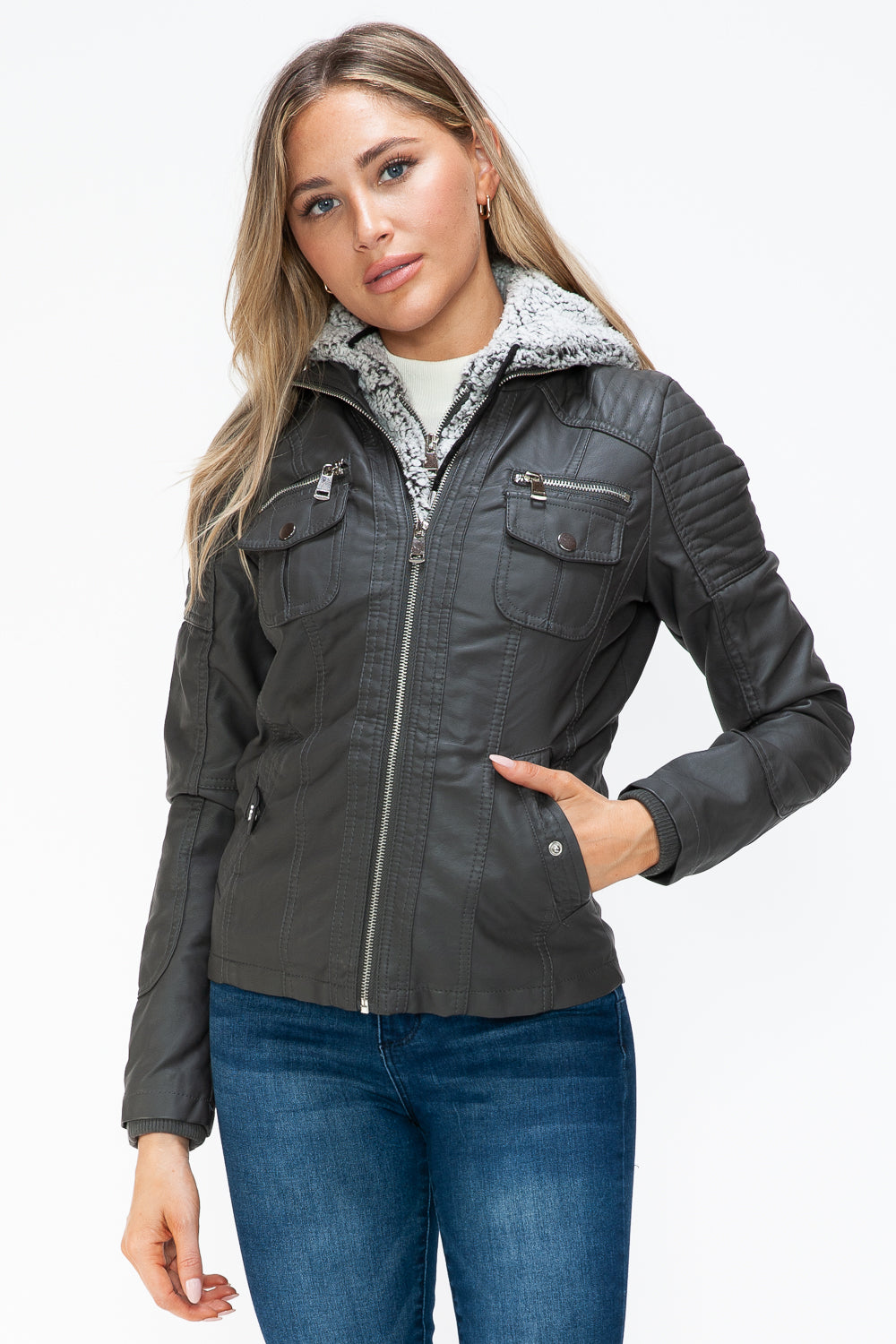 Removable Faux Layered Multi-Pocket Jacket with Fuzzy Hood Charcoal