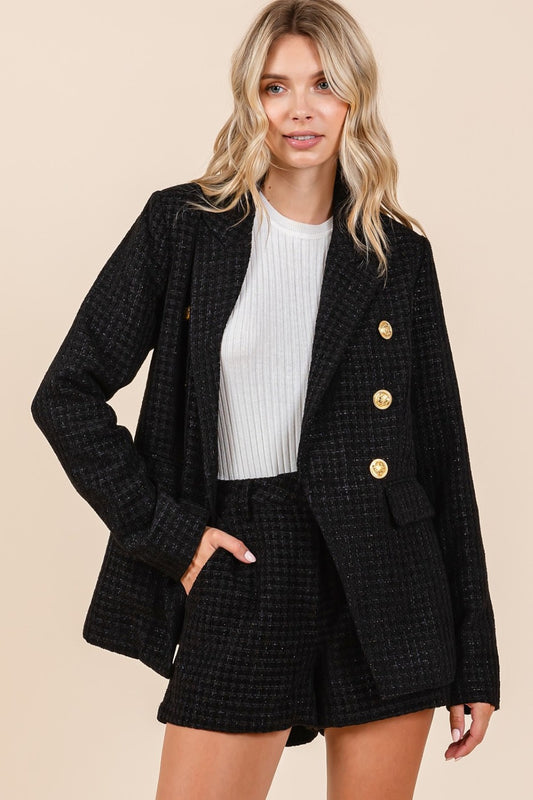 Black Plaid Texture Double-Breasted Blazer