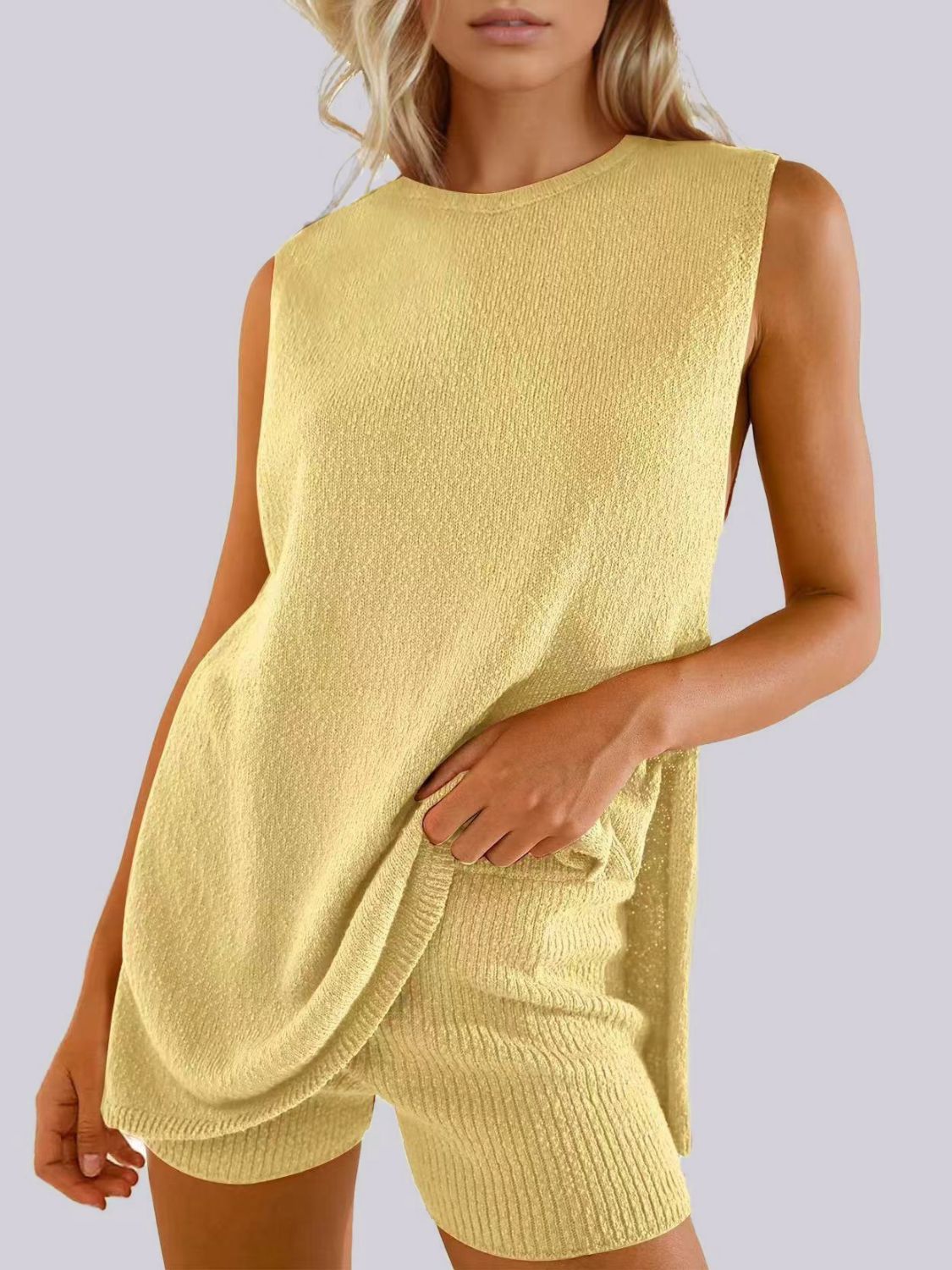 Knitted Side Slit Tank and Shorts Set