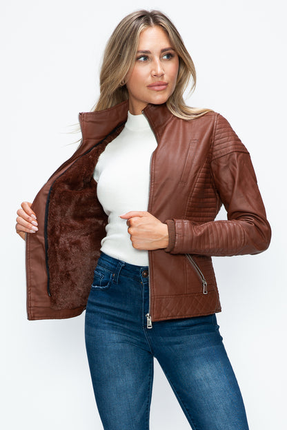 Faux Layered Double-Zipper Jacket with Fuzzy Hood Brown