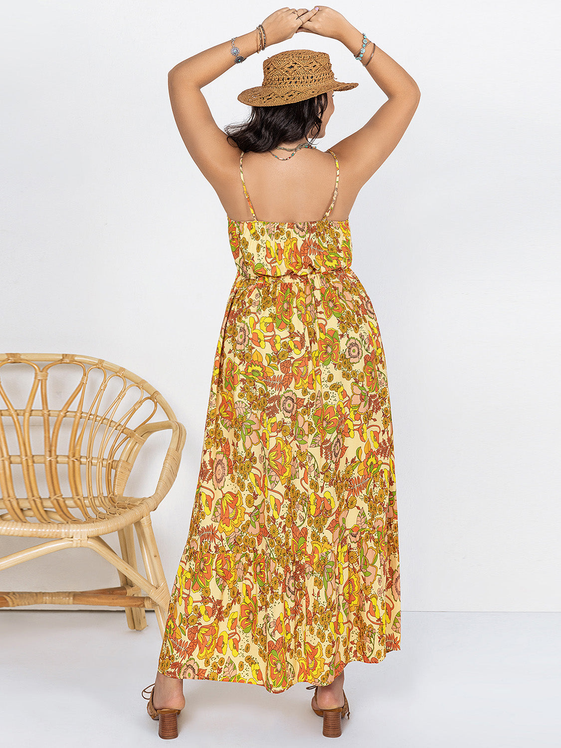 Gold Printed V-Neck Maxi Cami Dress