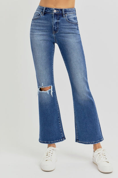 Distressed High Rise Crop Flare Jeans