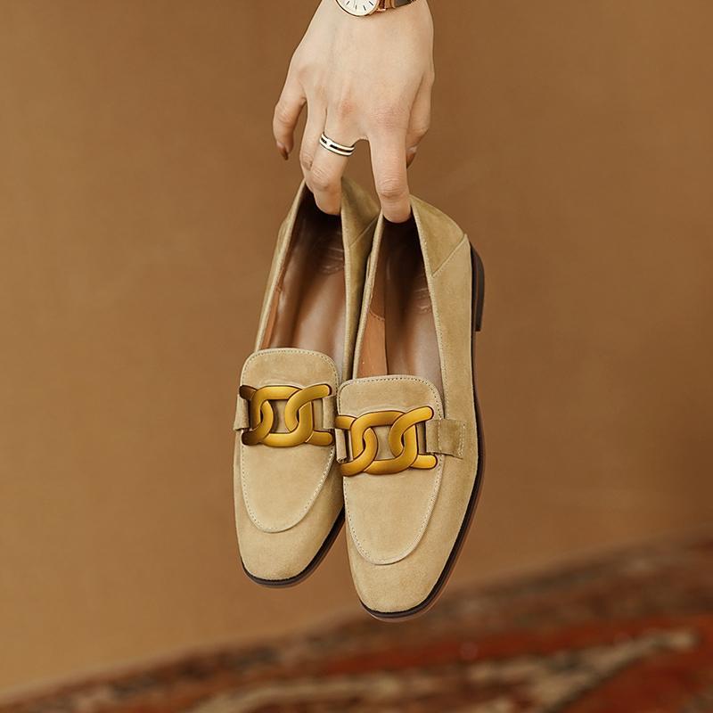 Women's Retro Metal Buckle Suede Loafers | Platform Chunky Heel Slip-On
