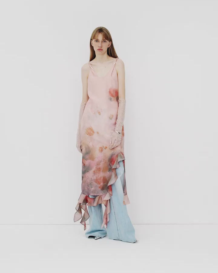 Acetate Mulberry Silk V-Neck Ruffled Draped Twist Strap Summer Dress ‘Rosy Ombre’