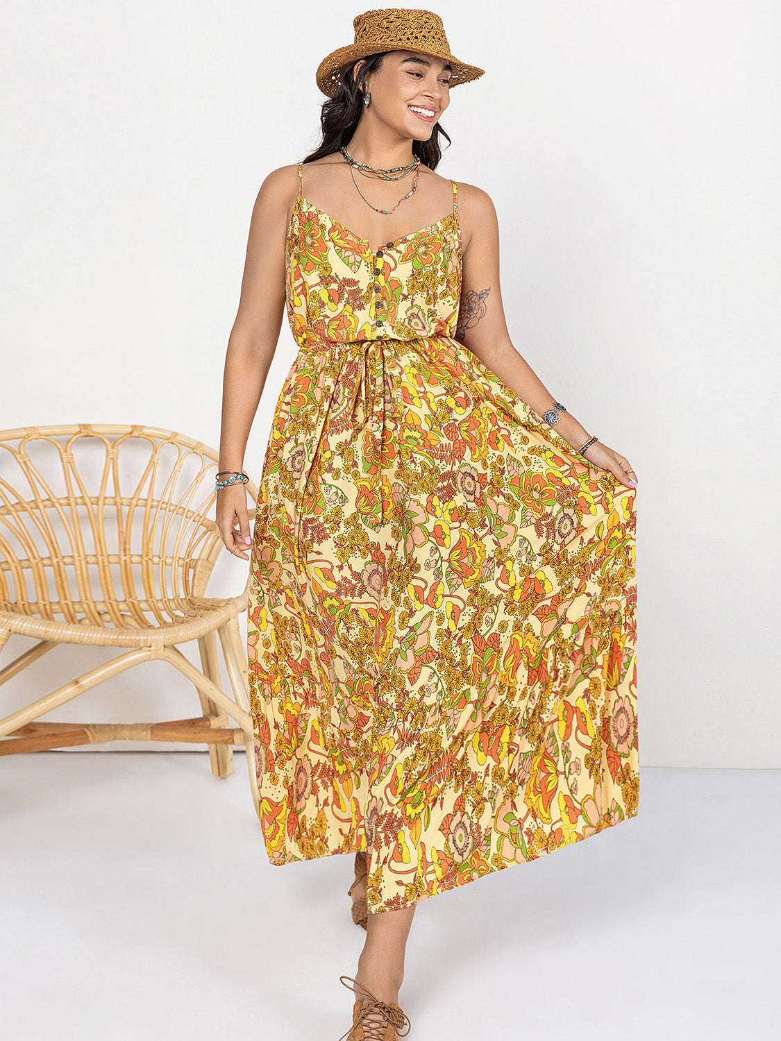 Gold Printed V-Neck Maxi Cami Dress