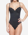 Smooth and Silky Bodysuit Shaper with Built-In Wire Bra and Sexy Lace Trims | Black